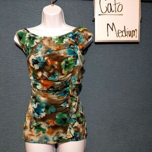 Cato ruched ruffle floral sleeveless blouse medium